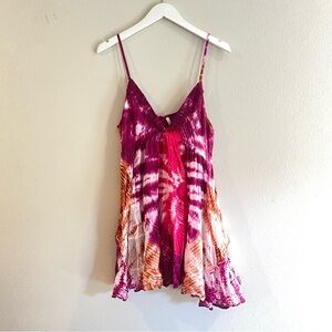 RAGA Bohemian Mini Dress Tie-dye with Crochet Trim Size Medium Pink Purple